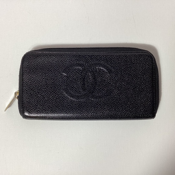 Chanel CC Caviar Black Leather Zip Around Wallet